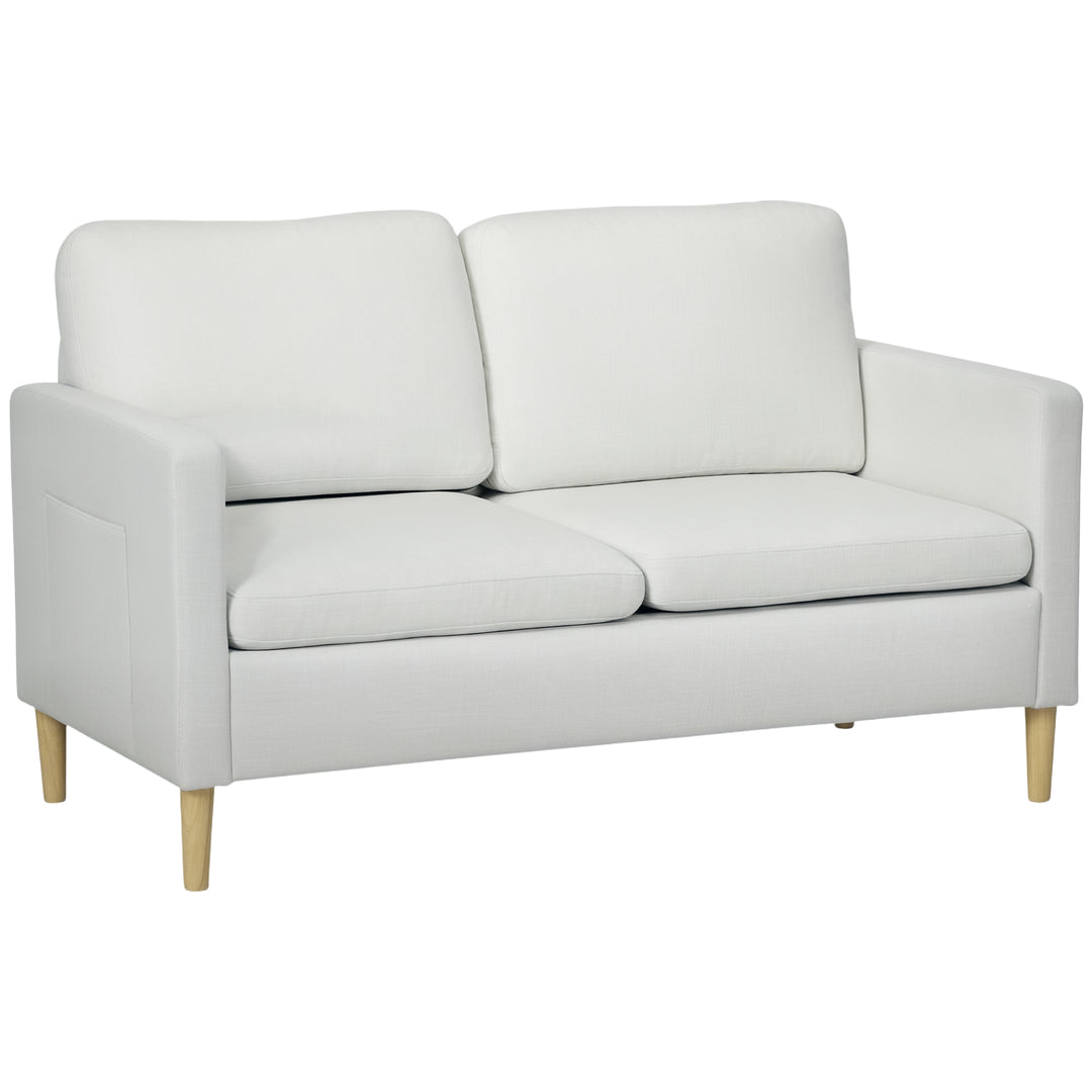 HOMCOM 56" 2 Seat Sofa, Modern Love Seats Furniture, Upholstered 2 Seater Couch with Side Pockets, Solid Steel Frame, White