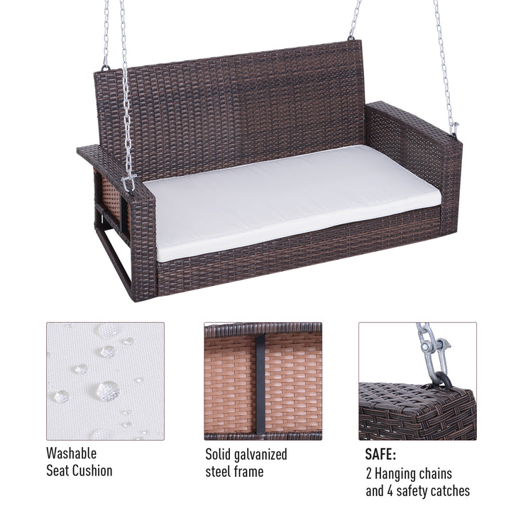 Outsunny 2-Person Patio Porch Swing Chair, Outdoor Rattan Hanging Bench with Cushion & 7.2 ft Steel Chains, Grey