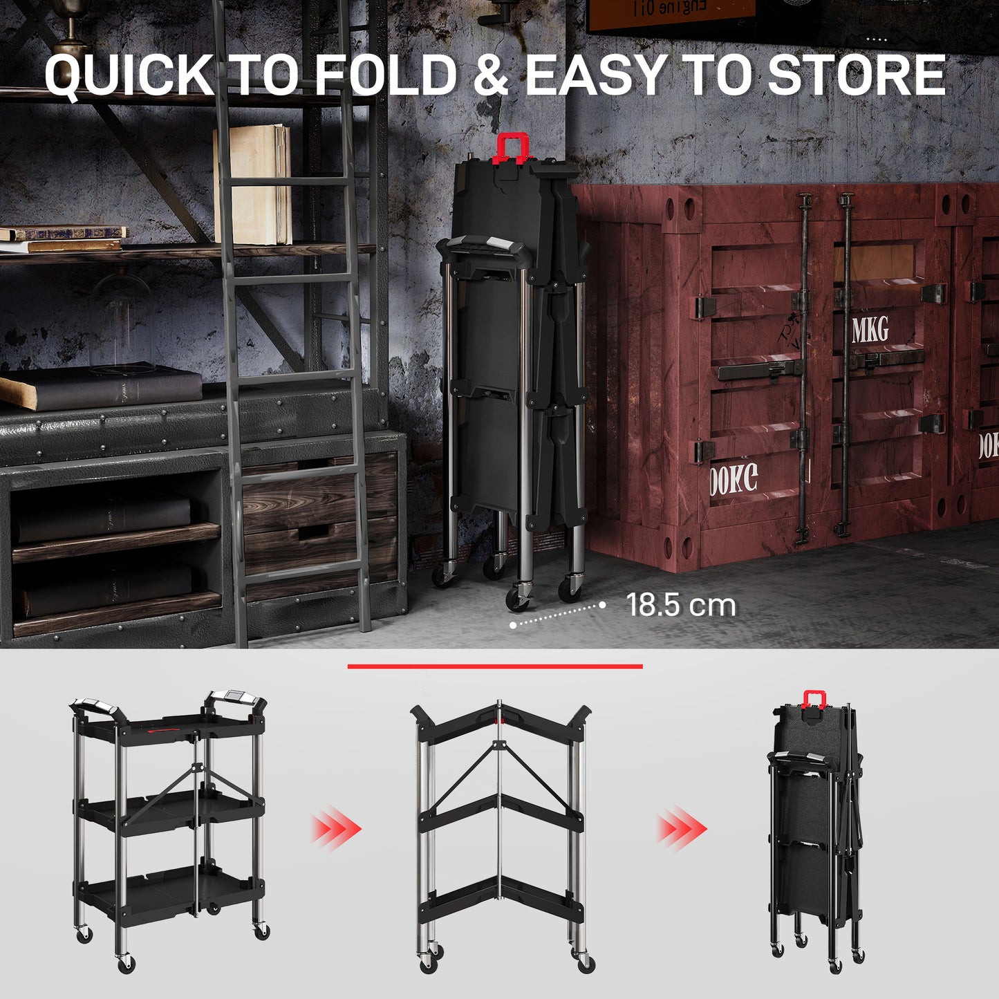 HOMCOM 3-Tier Collapsible Tool Cart with Wheels, 150 LBS Capacity Folding Utility Cart with Handles for Garage Workshop, Black