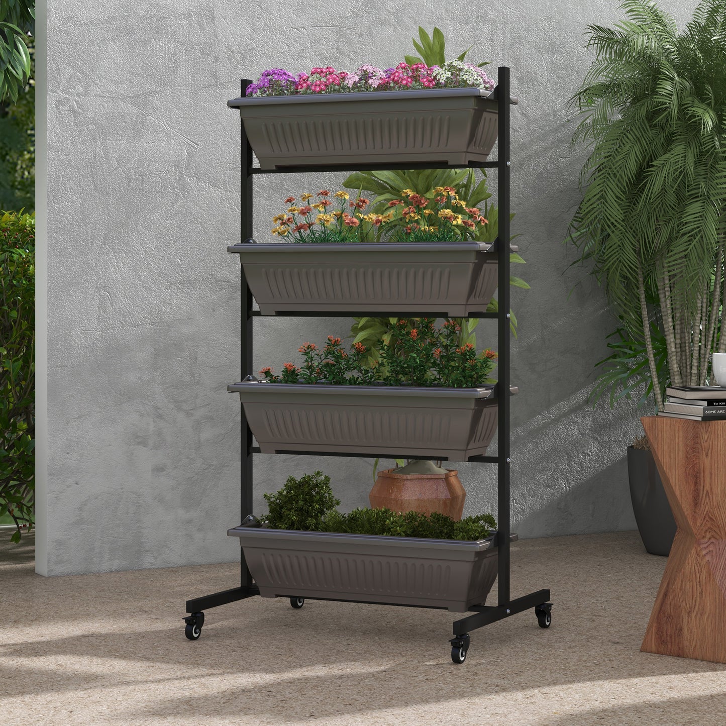 Outsunny 4-Tier Vertical Raised Garden Planter with 4 Boxes, Wheels, Outdoor Plant Stand for Vegetable Flowers, Brown