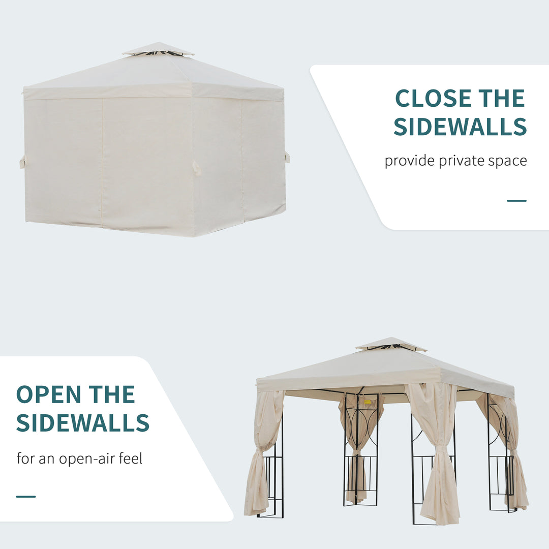 Outsunny 10' x 10' Patio Gazebo Outdoor, Canopy Shelter with Double-tier Roof, Pavilion Sidewalls for Garden Events, Cream White