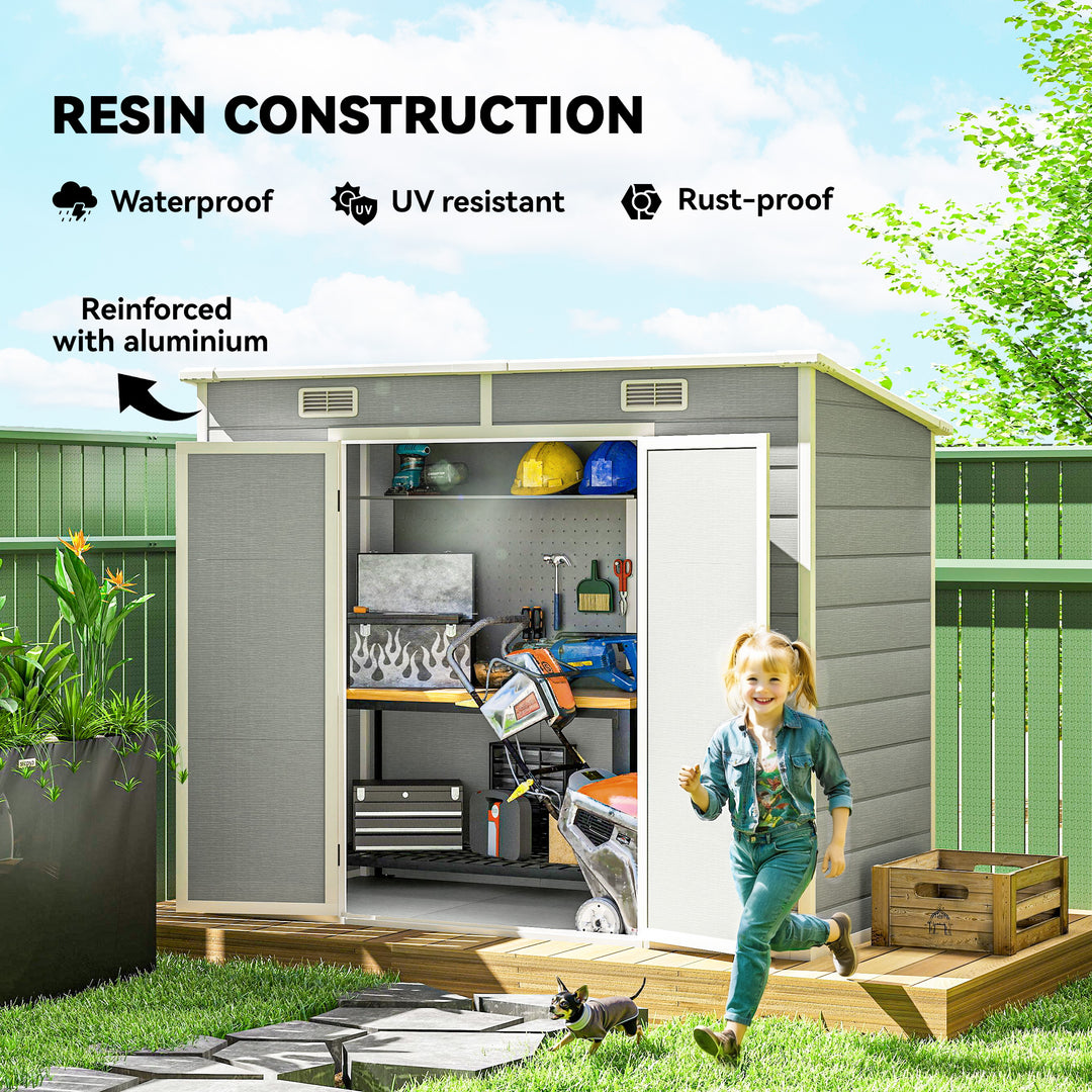 Outsunny 8' x 4' Resin Outdoor Storage Shed with Floor, Window, Lockable Doors and Vents for Backyard Patio Lawn, Light Grey