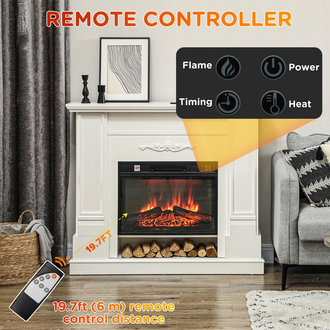 HOMCOM 46" Electric Fireplace with Mantel and Shelf, 1400W Fireplace Heater with Realistic Log and Flame Effect, White