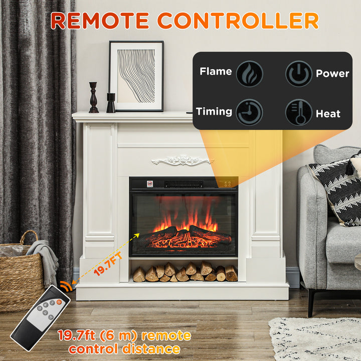 HOMCOM 46" Electric Fireplace with Mantel and Shelf, 1400W Fireplace Heater with Realistic Log and Flame Effect, White