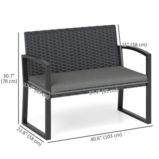 Outsunny 2 Seater Outdoor Bench, Rattan Garden Bench Loveseat with Cushion, Armrests, Steel Frame for Patio, Porch, Light Grey