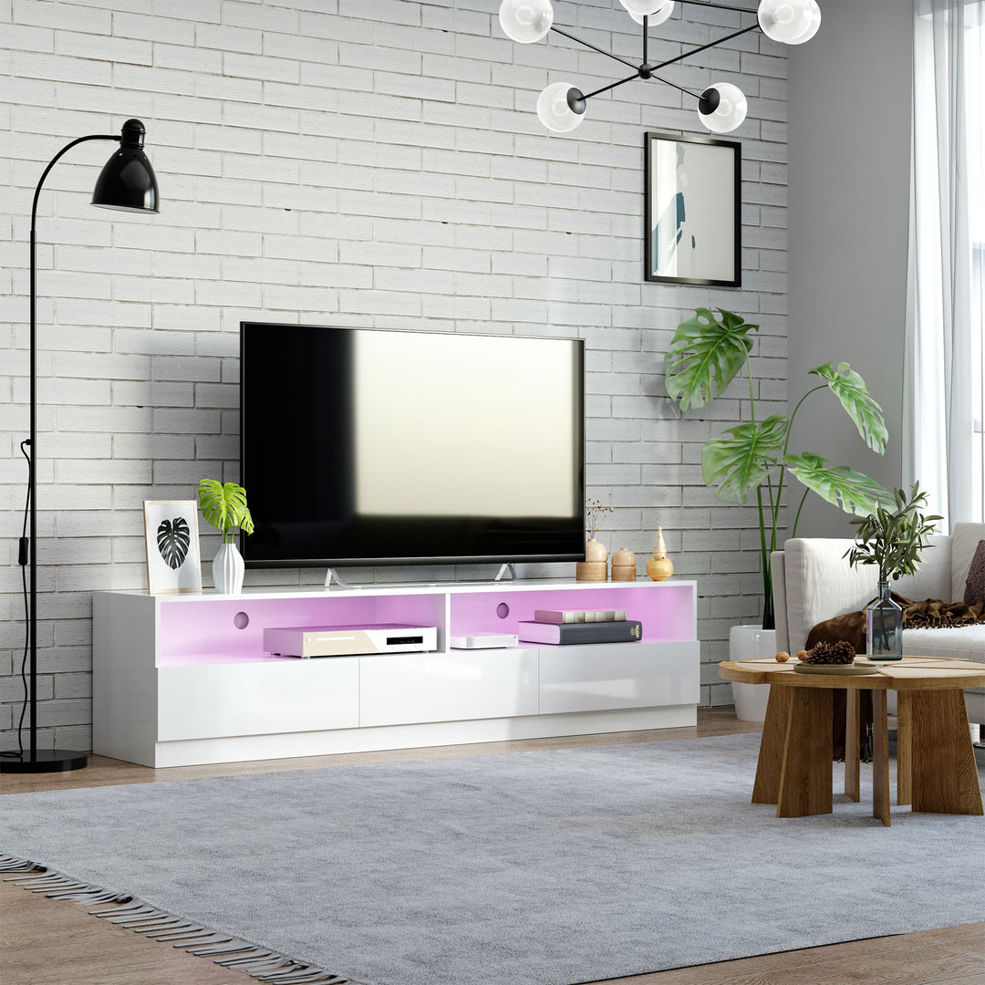 HOMCOM LED Lighted TV Stand for TVs up to 75", Modern TV Cabinet with Storage Drawers for Living Room, High Gloss White