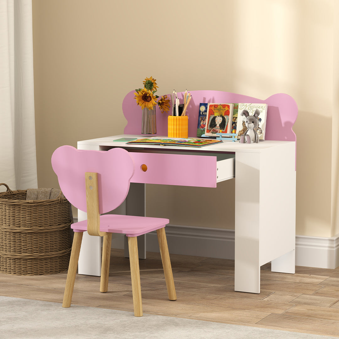 Qaba Kids Desk and Chair Set with Drawer for Drawing, Reading, Bear Theme Children Furniture for Bedroom, Daycare, Pink