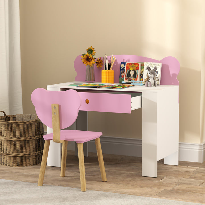 Qaba Kids Desk and Chair Set with Drawer for Drawing, Reading, Bear Theme Children Furniture for Bedroom, Daycare, Pink
