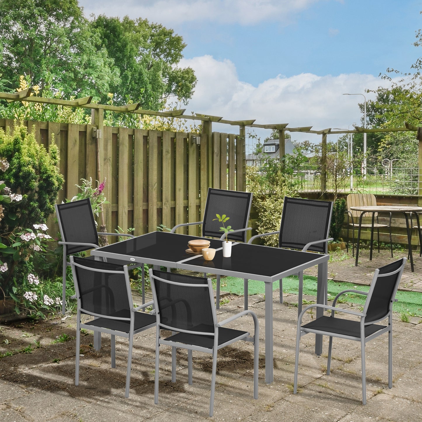Outsunny 7 Piece Outdoor Patio Dining Set with Table and 6 Stackable Chairs, Steel Frame, Tempered Glass Top, Mesh Seats, Black