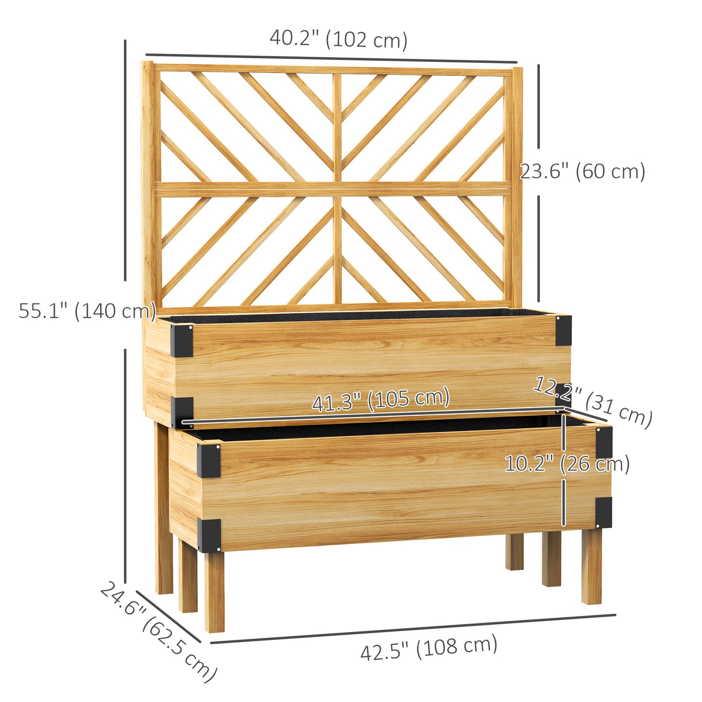 Outsunny Raised Garden Bed with Trellis, 2 Tier Wooden Elevated Planter Box  for Vegetables, Flowers, Herbs, Grey