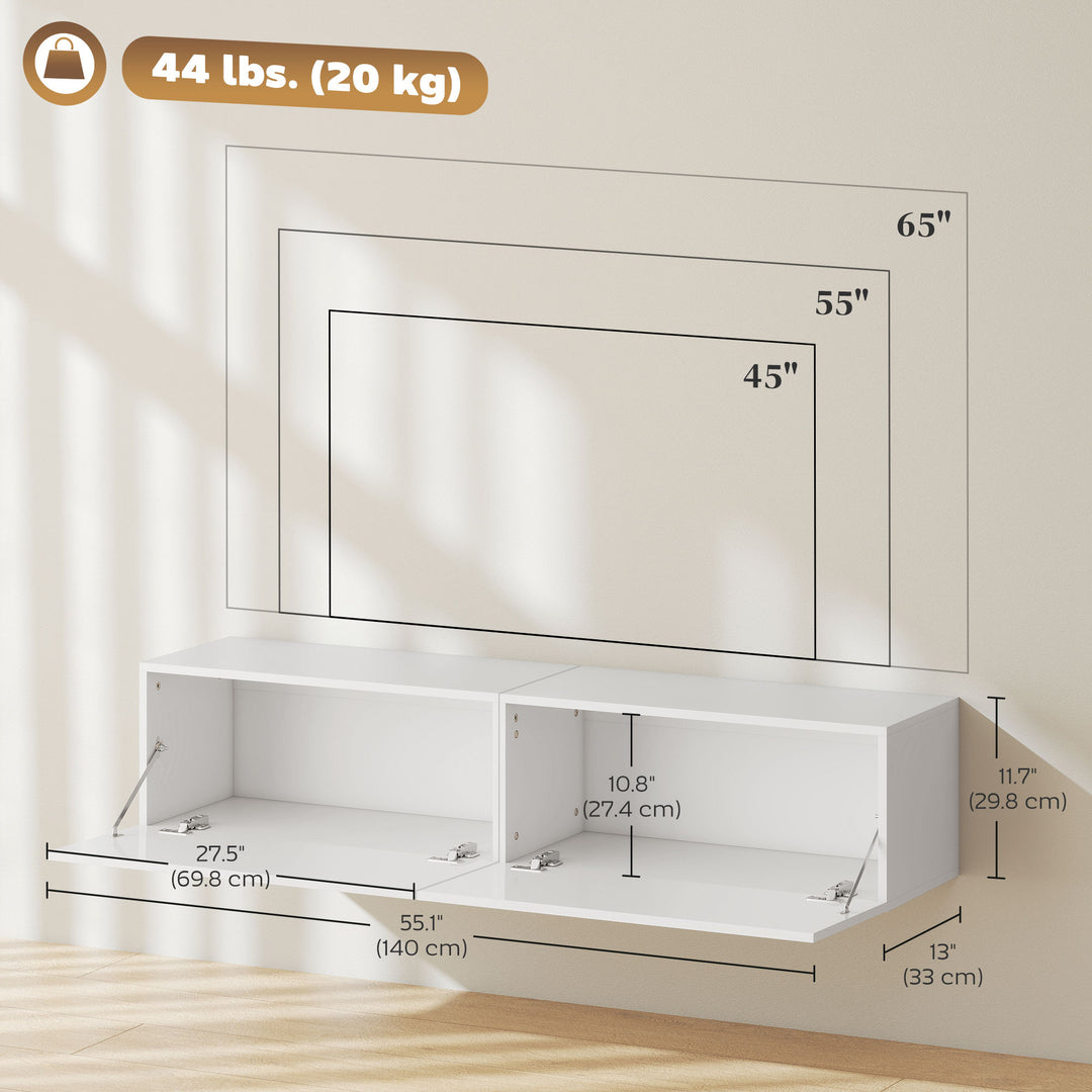 HOMCOM Floating TV Stand with Storage Cupboards for 45, 55, 65in TVs, Wall Mounted TV Console Entertainment Unit, White