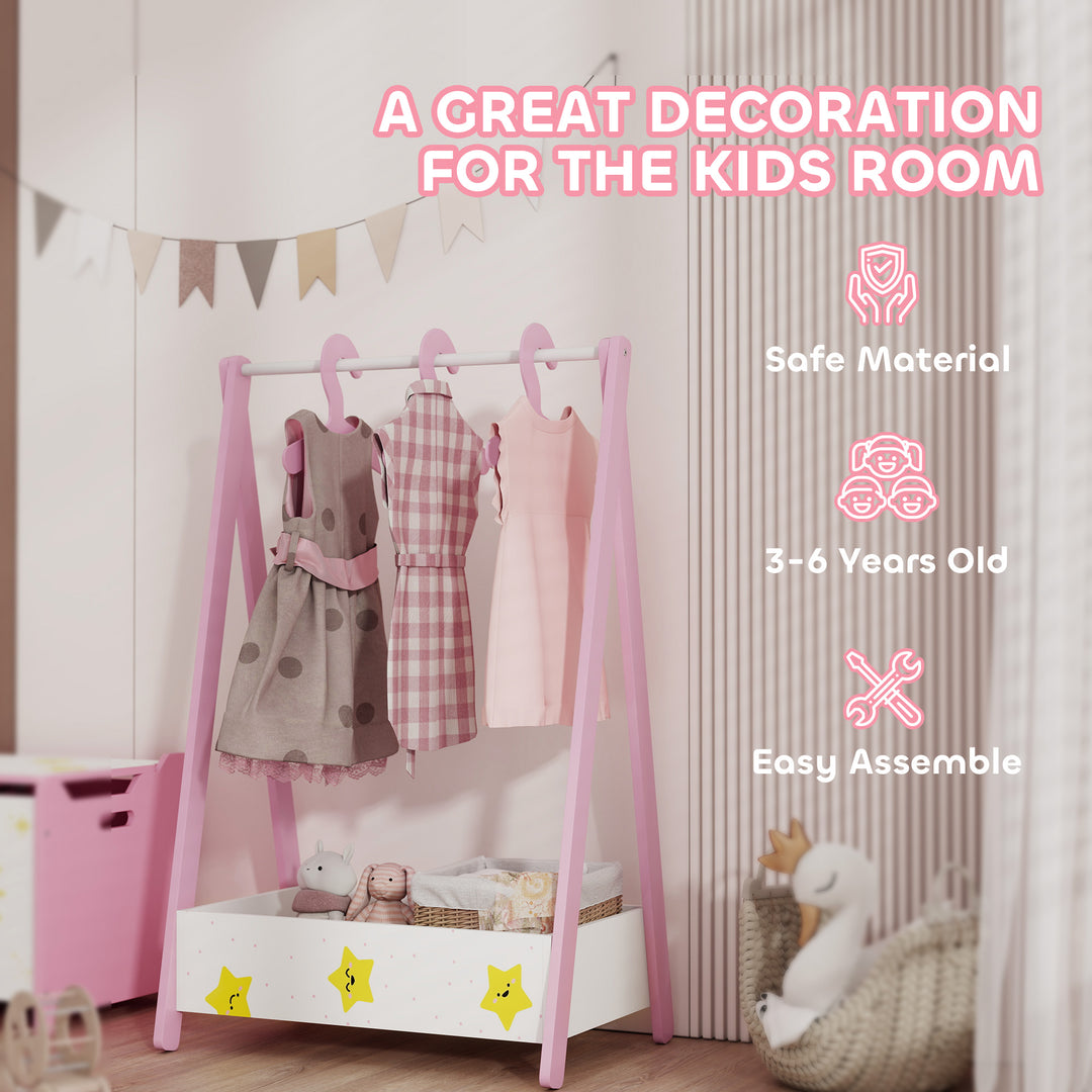 Qaba Kids Clothing Rack with Storage Shelf, Hangers, for Nursery Room, Living Room, Playroom, Pink