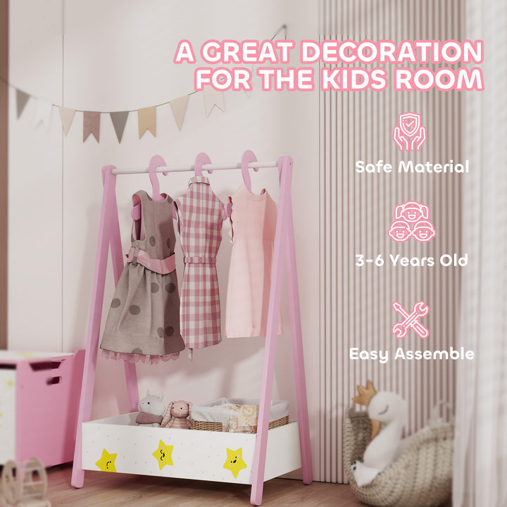 Qaba Kids Clothing Rack with Storage Shelf, Hangers, for Nursery Room, Living Room, Playroom, Pink