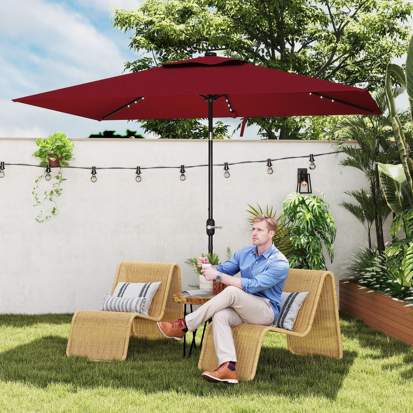 Outsunny 6' x 10' Patio Umbrella with 22 LED Solar Lights and Tilt, Rectangular Outdoor Table Umbrella with Crank, Beige