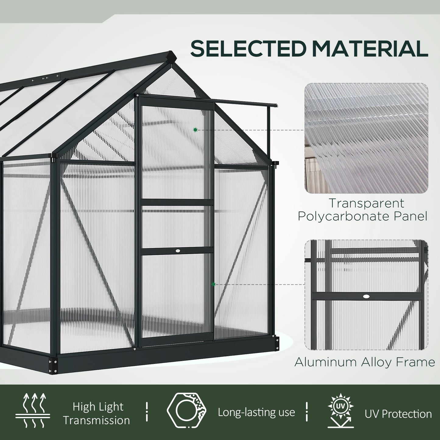 Outsunny 6' x 10' x 6.6' Polycarbonate Greenhouse, Walk-In Green House Kit Garden, Plants Grow, Galvanized Sheet Aluminum Frame with Rain Gutter, Vents and Sliding Door, Green