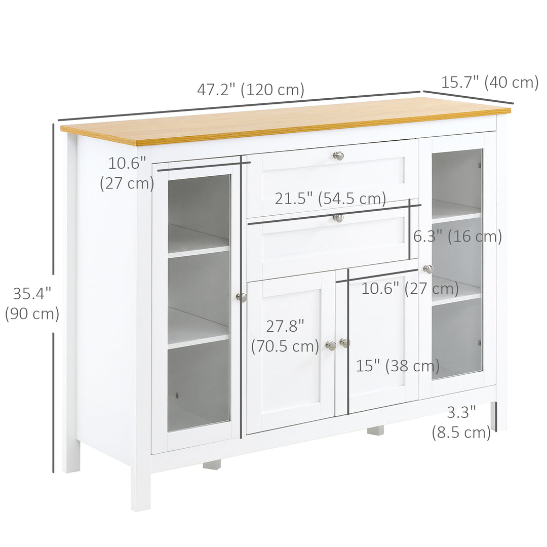 HOMCOM Buffet Cabinet Sideboard with 2 Drawers, 3 Storage Cabinets, Glass Doors and Adjustable Shelves, White