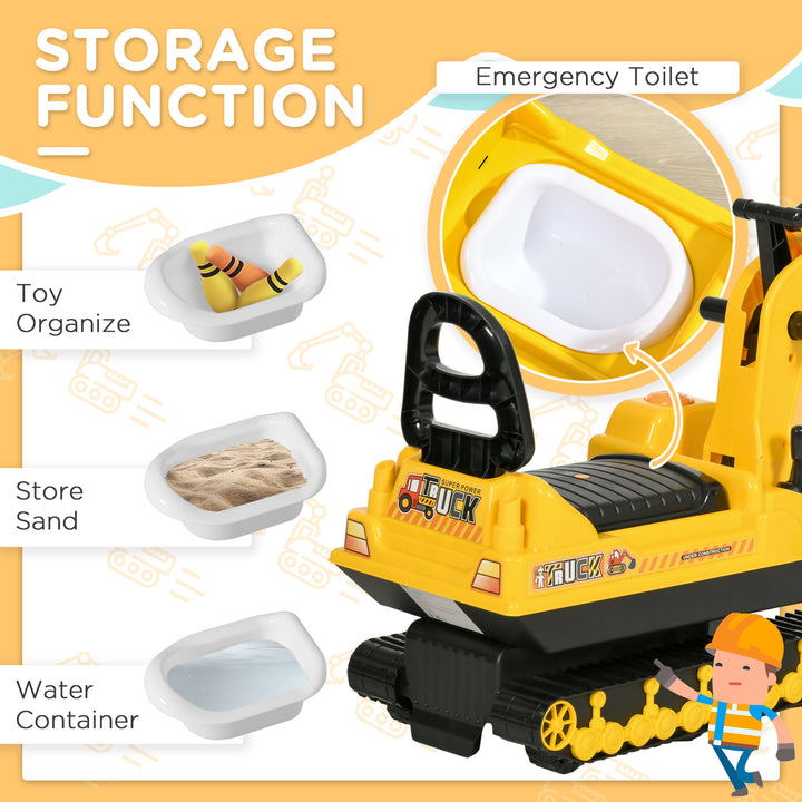 Qaba Toy Excavator Large Safe Educational Kids Construction Vehicle with Under Seat Storage, Realistic Sound, Treaded Wheels, No Power Design, Yellow