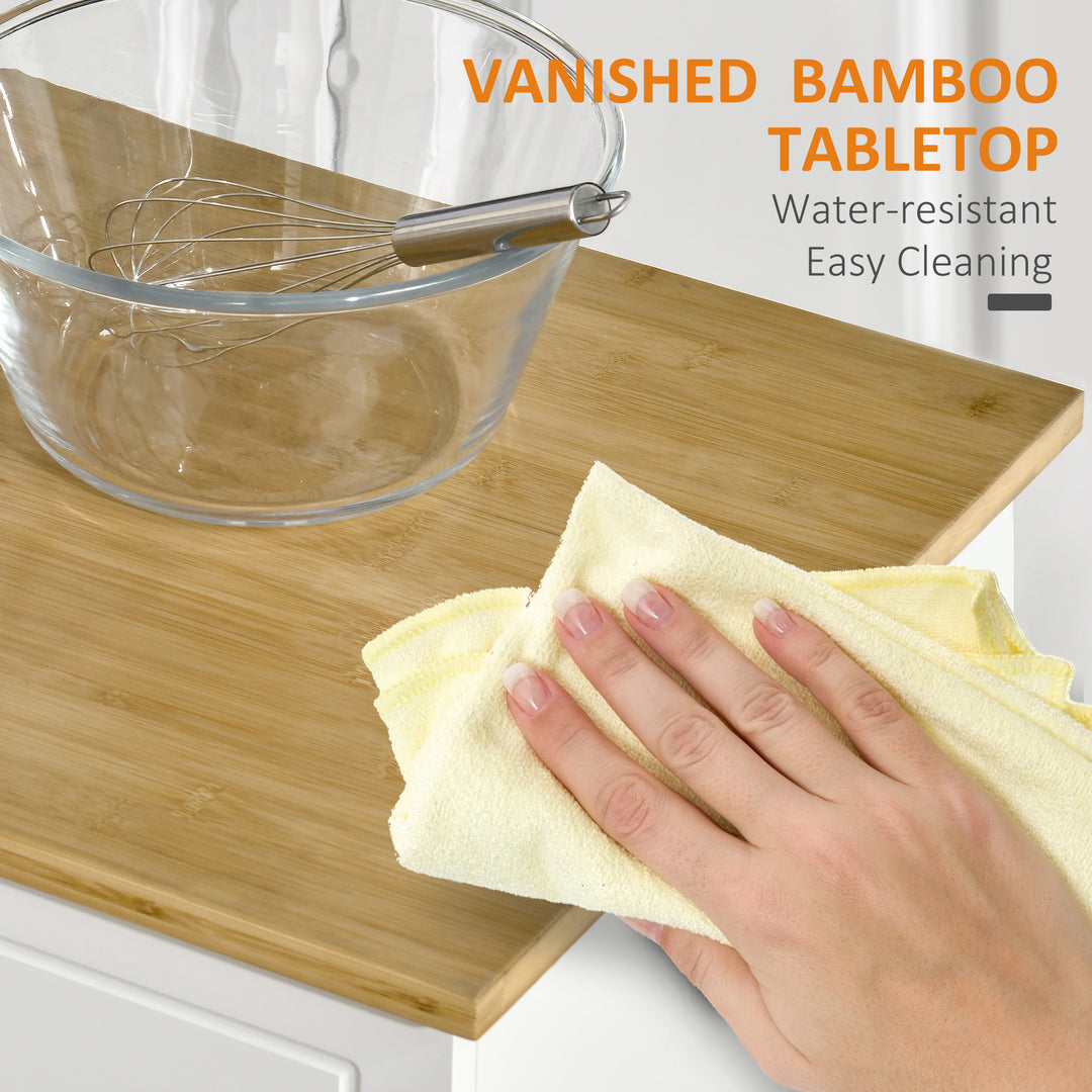 HOMCOM Kitchen Cart with Storage, Rolling Kitchen Island on Wheels with Bamboo Countertop, Drawers, Cabinets, 3 Doors, White