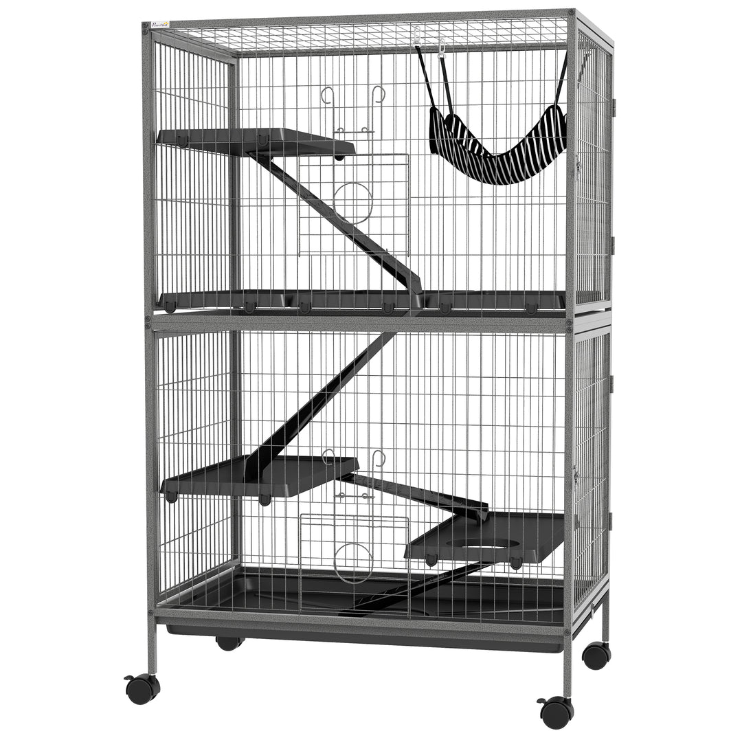 PawHut 5-Tier Rolling Small Animal Cage, Deluxe Guinea Pig Cage, Ferret Cage for Mink Chinchilla Kitten Rabbit, Light Grey
