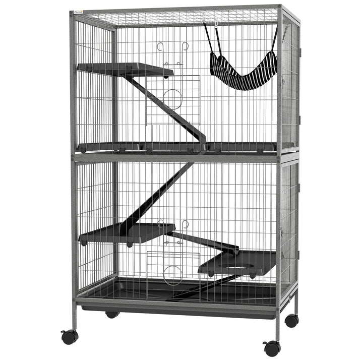PawHut 5-Tier Rolling Small Animal Cage, Deluxe Guinea Pig Cage, Ferret Cage for Mink Chinchilla Kitten Rabbit, Light Grey