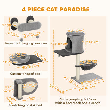 PawHut 4Pcs Cat Wall Shelves with Scratching Post & Pad, Condo, Hammock, Bed, Step, Hanging Pompoms, Perches