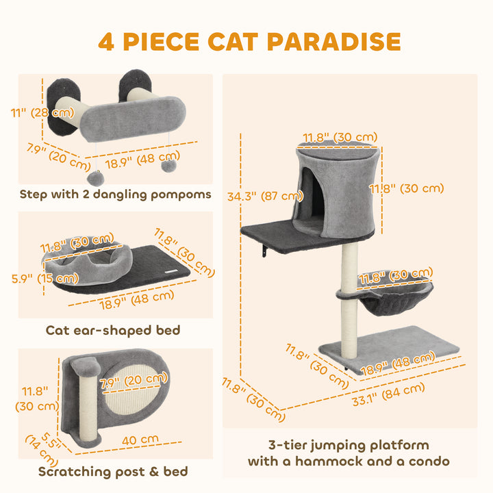 PawHut 4Pcs Cat Wall Shelves with Scratching Post & Pad, Condo, Hammock, Bed, Step, Hanging Pompoms, Perches