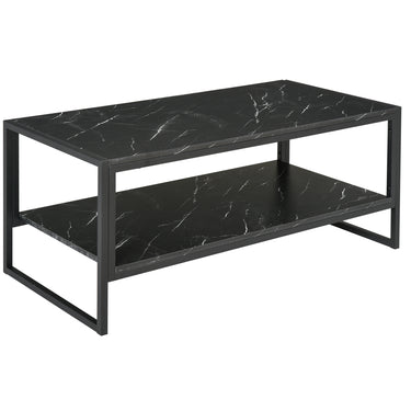 HOMCOM 2-Tier Coffee Table with Storage Shelf, Cocktail Table with Marble Textured Table Top, for Living Room Bedroom Dorm, Black