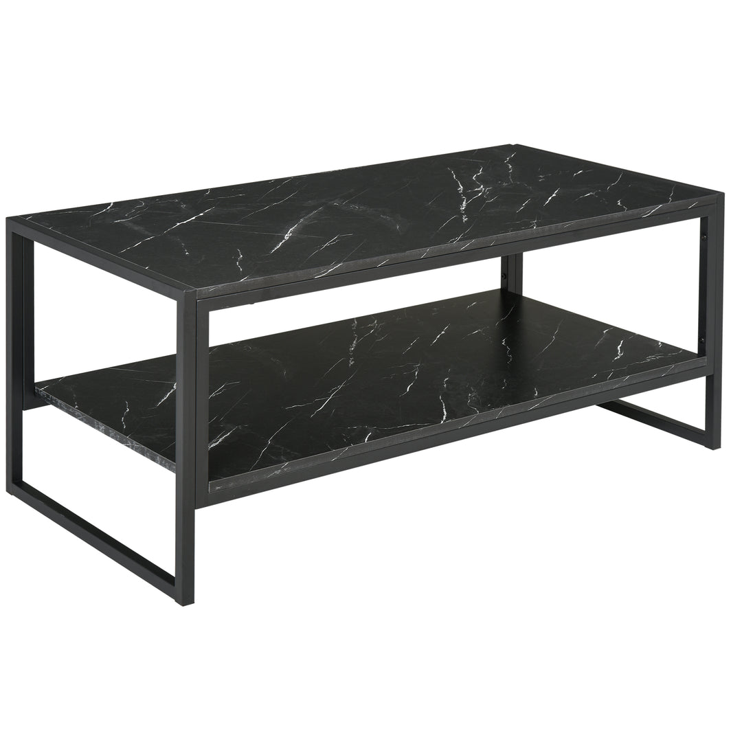HOMCOM 2-Tier Coffee Table with Storage Shelf, Cocktail Table with Marble Textured Table Top, for Living Room Bedroom Dorm, Black