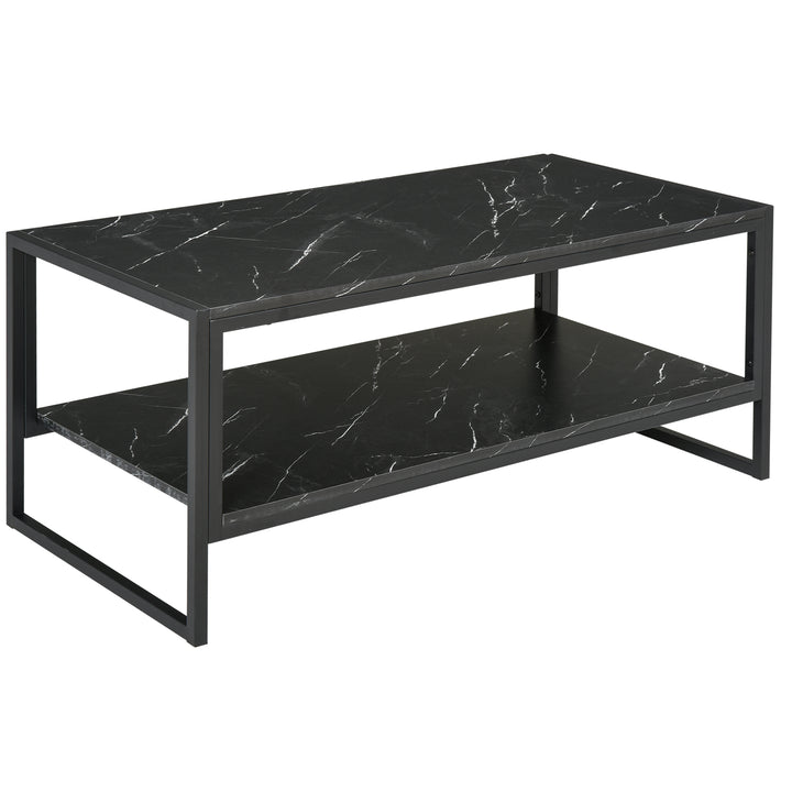 HOMCOM 2-Tier Coffee Table with Storage Shelf, Cocktail Table with Marble Textured Table Top, for Living Room Bedroom Dorm, Black
