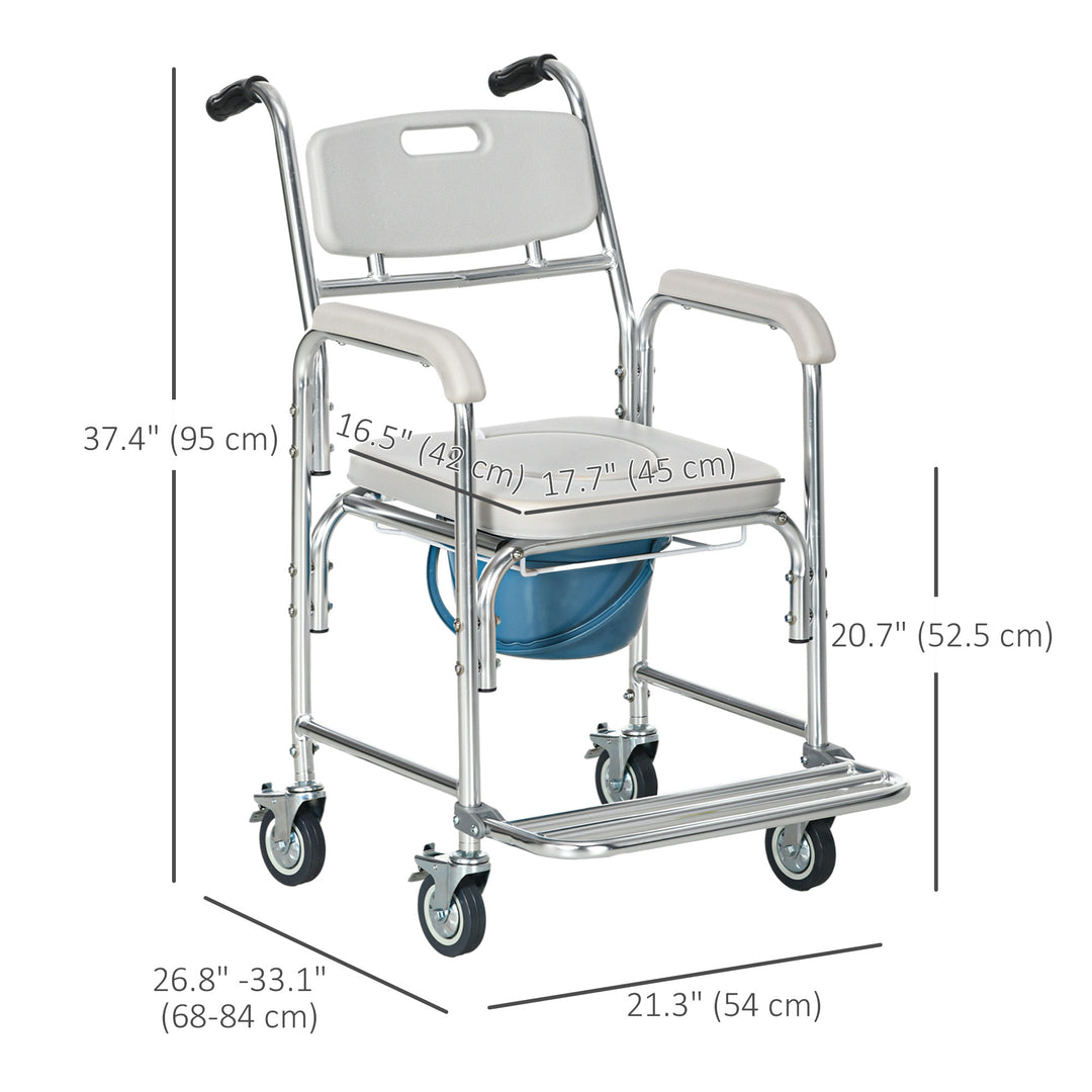 HOMCOM 3-in-1 Shower Commode Wheelchair, Transport Beside Commode Chair with Padded Seat for the Elderly, Disabled