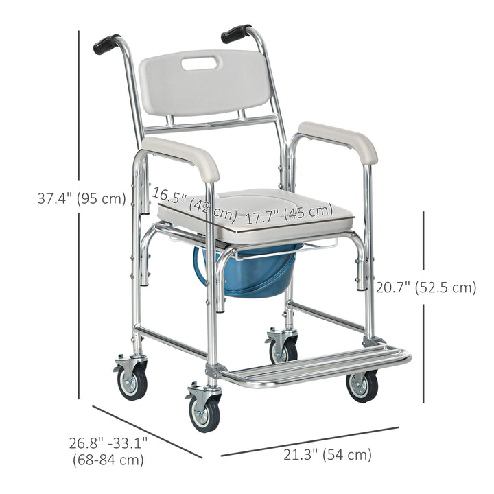 HOMCOM 3-in-1 Shower Commode Wheelchair, Transport Beside Commode Chair with Padded Seat for the Elderly, Disabled