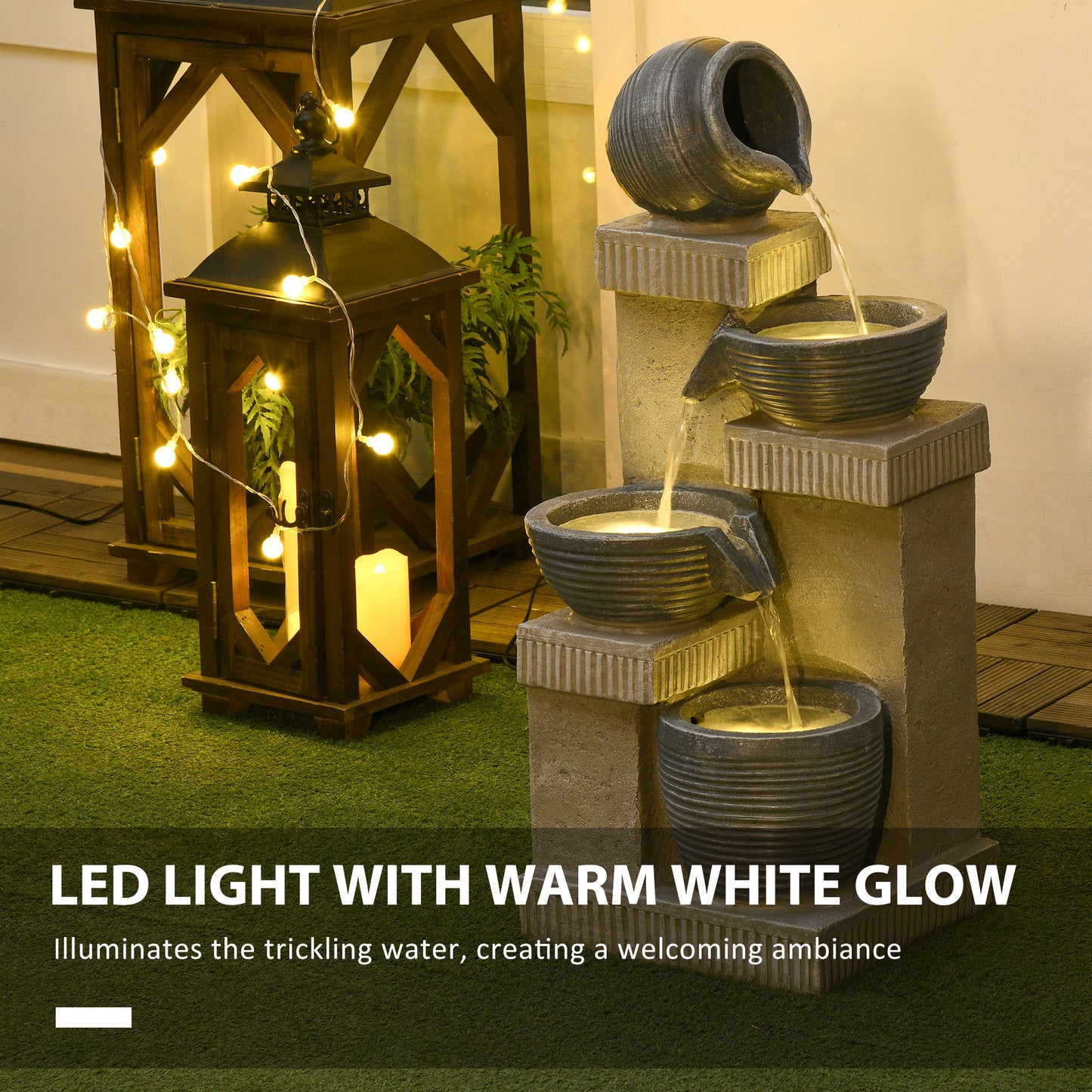 Outsunny 4-Tiered Outdoor Jar and Bowls Water Fountain with LED Lights, Adjustable Flow, 26.4-inch Resin Waterfall Fountain