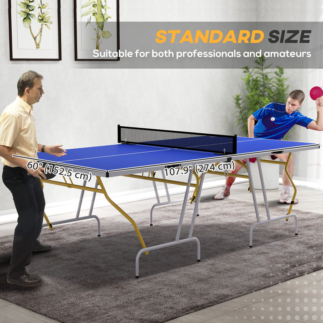 Soozier 9' x 5' Full Size Table Tennis Table, Folding Ping Pong Table with Paddles and Balls, Blue