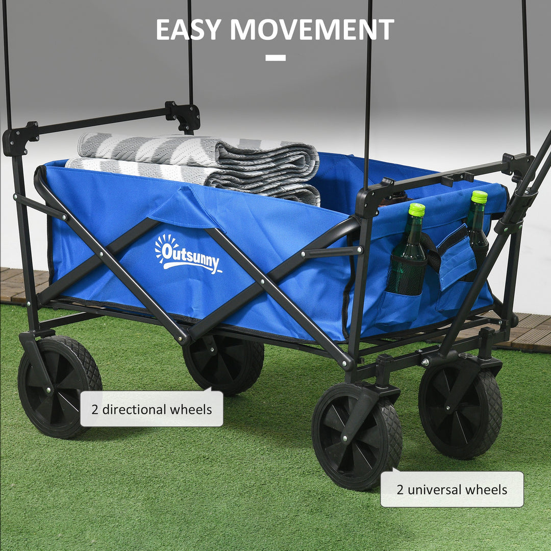 Outsunny Steel Frame Folding Garden Cart, Collapsible Wagon Cart with Removable Canopy, Telescopic Handle and Carrying Bag