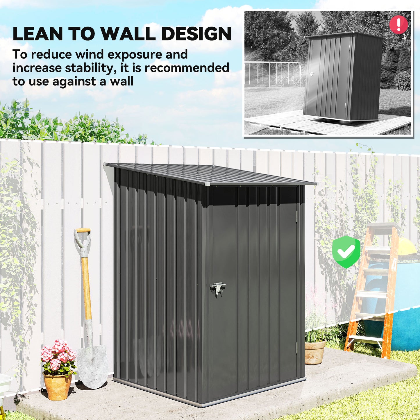 Outsunny 3.3' x 3.4' Lean-to Garden Storage Shed, Outdoor Galvanized Steel Tool House with Lockable Door for Patio Dark Gray