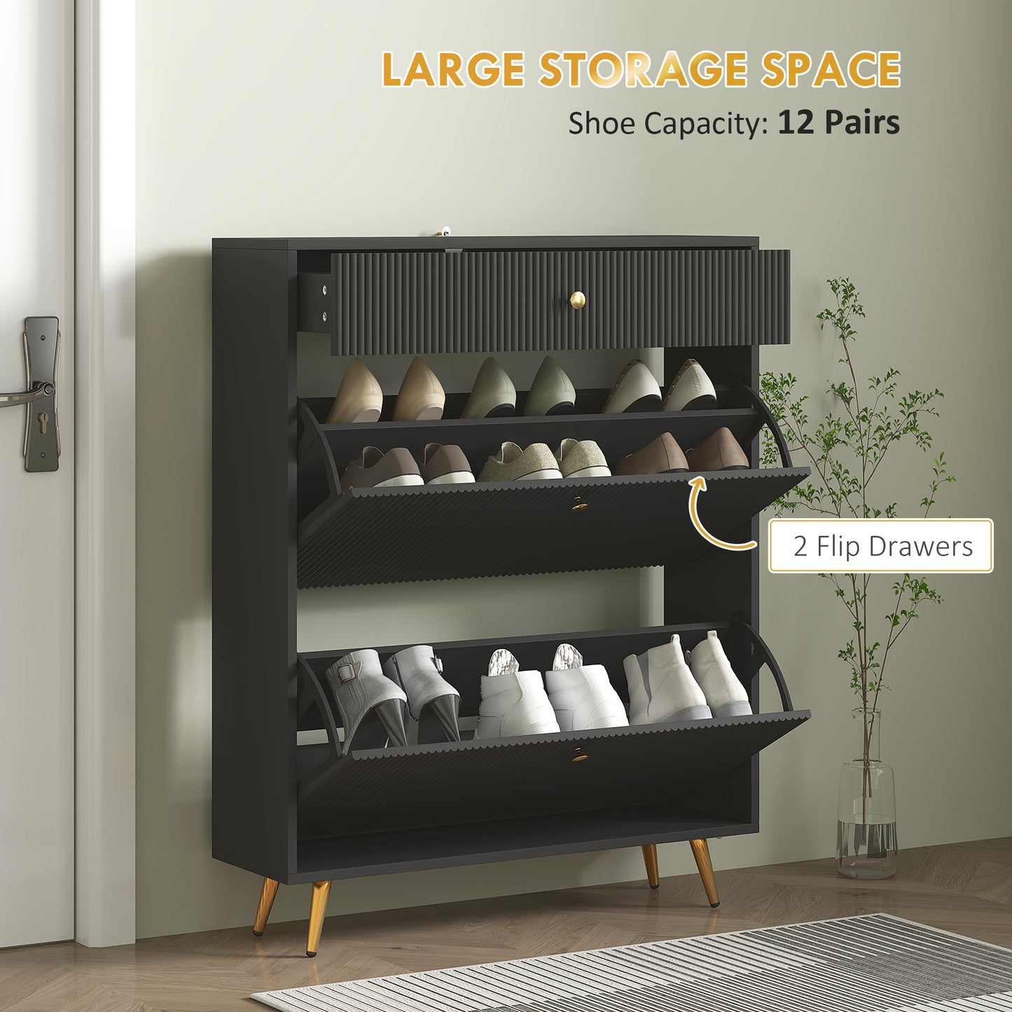 HOMCOM Narrow Shoe Storage Cabinet with Wave-like Panels and Adjustable Shelves for 12 Pairs of Shoes, Black