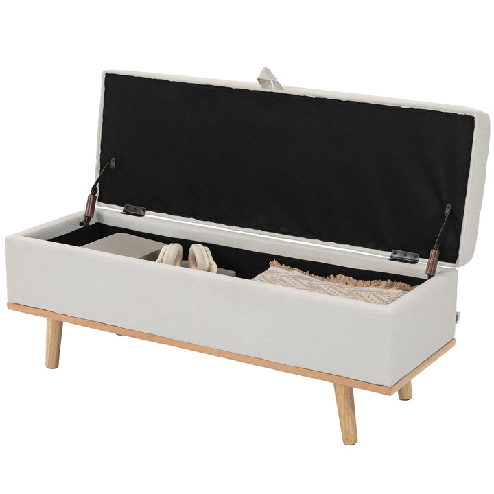HOMCOM Storage Ottoman Bench, Foot Rest with Lift-Up Lid and Wood Legs, Linen Storage Chest for Living Room, Cream White
