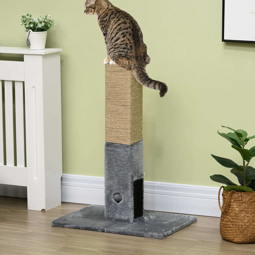 PawHut 31" Tall Cat Scratching Post for Indoor Cats with Hanging Balls, Grooming Brushes, Stable Base, Grey