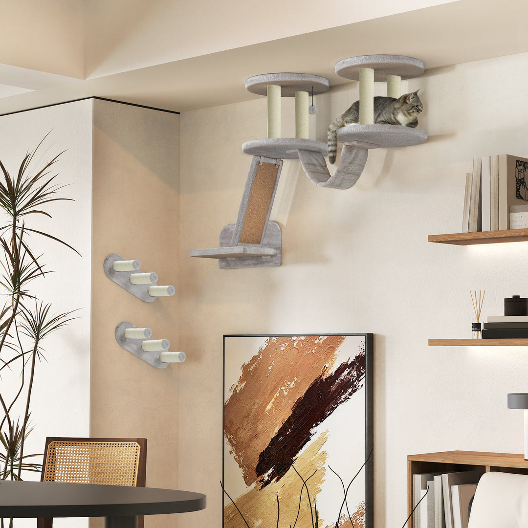 PawHut 3PCs Cat Wall Shelves w/ Scratching Post, Perches, Steps, Ladder, Light Grey