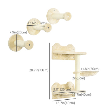 PawHut 4Pcs Cat Wall Shelf with Scratching Posts, Hammock, Steps, Platforms, Cat Shelves for Relaxing, Sleeping, Jumping, Cat Wall Climber for Indoor Cats, Beige