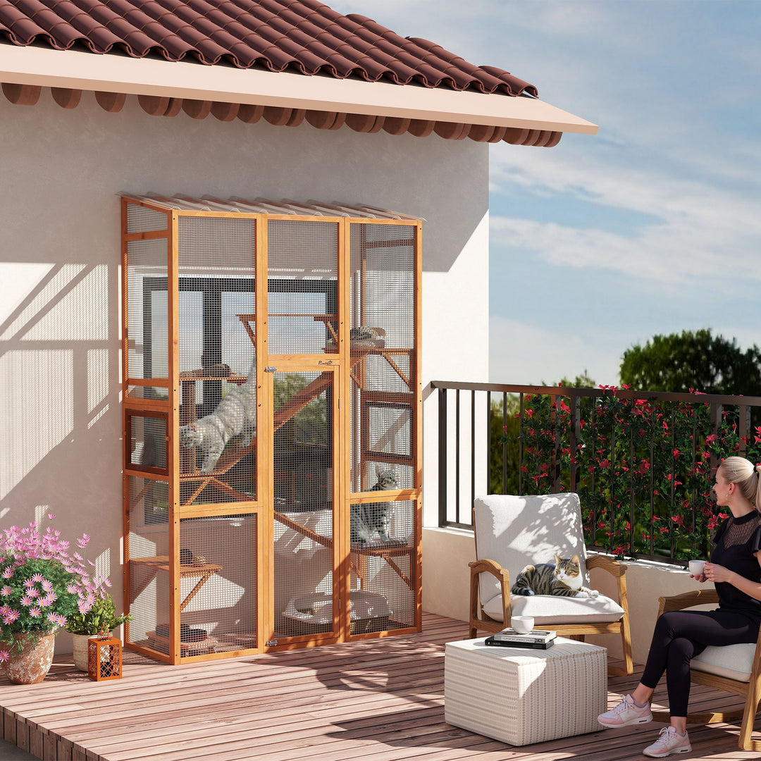 PawHut Wooden Catio Outdoor Cat Enclosure with 6 Jumping Platforms, Scratching Post, 2 Ramps, Waterproof Roof, for 2-3 Kittens