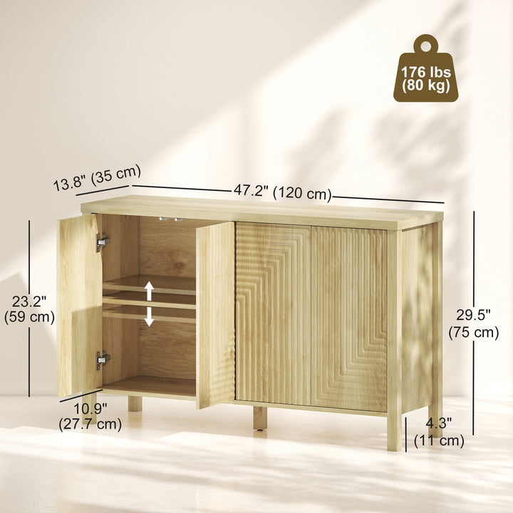 HOMCOM 47" Buffet Cabinet with Storage, Fluted Sideboard with Push to Open Design, 2 Adjustable Shelves and 4 Doors, Natural