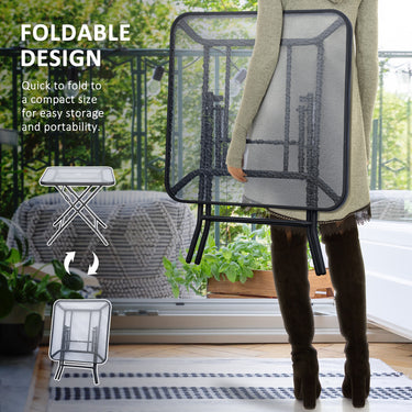 Outsunny 30" Square Outdoor Dining Table, Foldable Patio Table with Umbrella Hole, Water-Grain Glass Top Coffee Table for Balcony, Poolside, Black