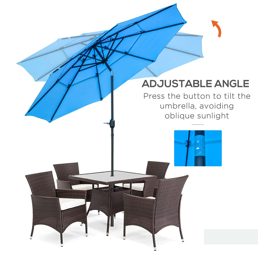 Outsunny 9FT 3 Tiers Patio Umbrella Outdoor Market Umbrella with Crank, Push Button Tilt for Deck, Backyard and Lawn, Sky Blue