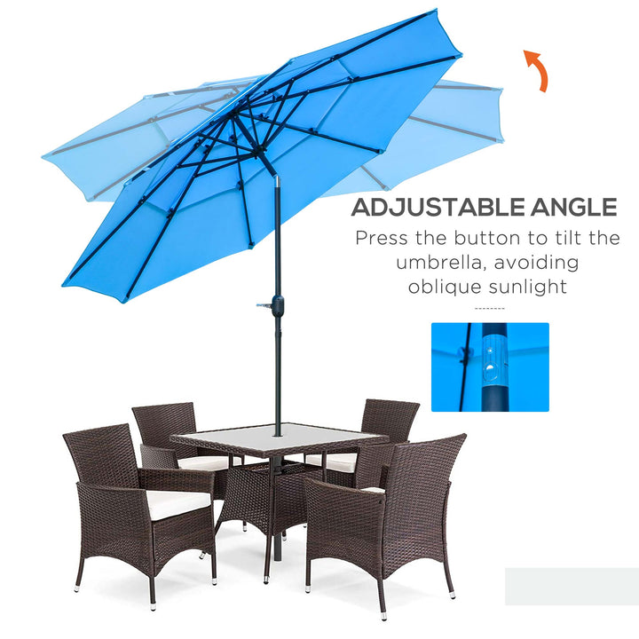 Outsunny 9FT 3 Tiers Patio Umbrella Outdoor Market Umbrella with Crank, Push Button Tilt for Deck, Backyard and Lawn, Sky Blue
