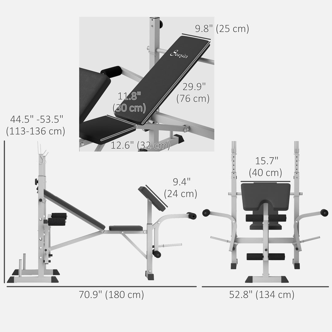 Soozier Bench Press Set Adjustable Weight Bench with Squat Rack, Preacher Curl Pad, Leg Developer and Weight Storage, White