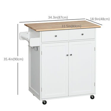 HOMCOM Rolling Kitchen Island with Storage, Kitchen Cart with Rubber Wood Top, Adjustable Shelf, Towel Rack, Hooks and Storage Drawers, White