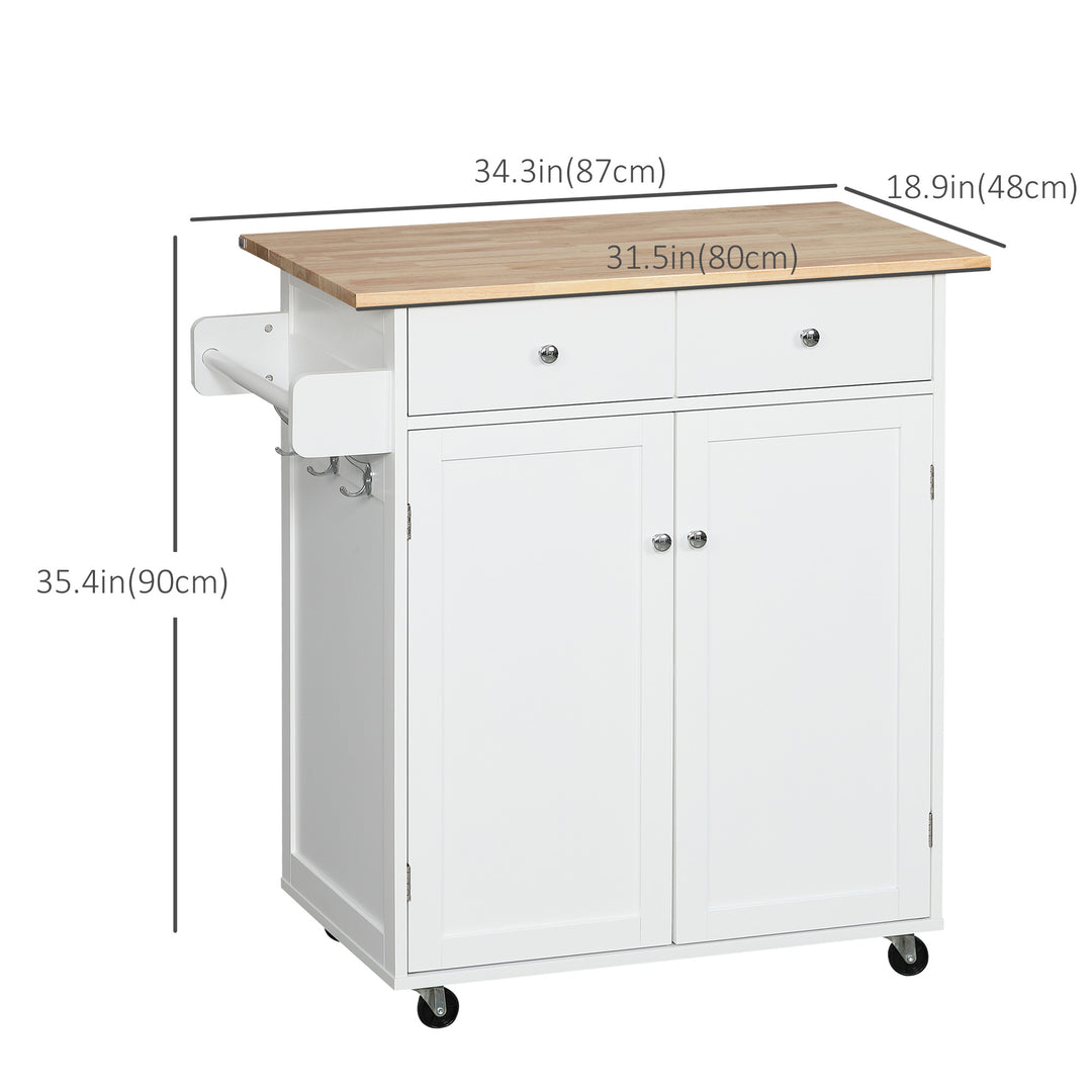 HOMCOM Rolling Kitchen Island with Storage, Kitchen Cart with Rubber Wood Top, Adjustable Shelf, Towel Rack, Hooks and Storage Drawers, White