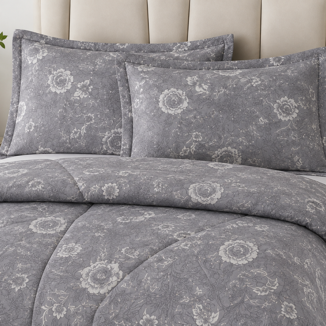 Aarniva Breathable Polyester Silver Garden Comforter Set | King/Queen | 250 GSM | Ultra-Soft & Cozy | Soft Grey | 5-Piece Set