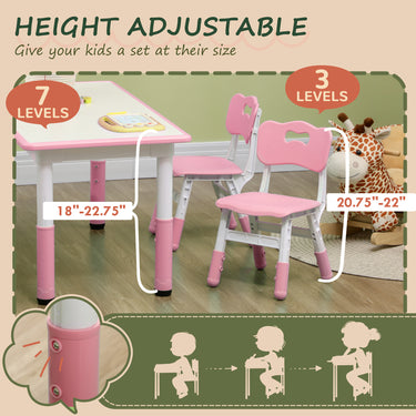 Qaba Kids Table and Chair Set with 4 Chairs, Adjustable Height, Easy to Clean, for 1.5 - 5 Years Old, Pink